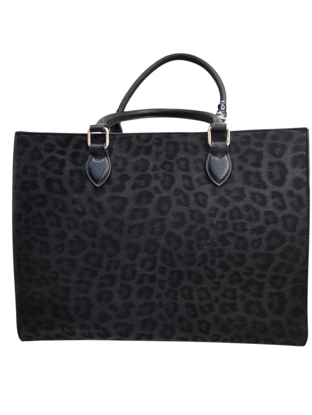 Black Quilted Tote with Leopard Accent and Pom Pom Charm